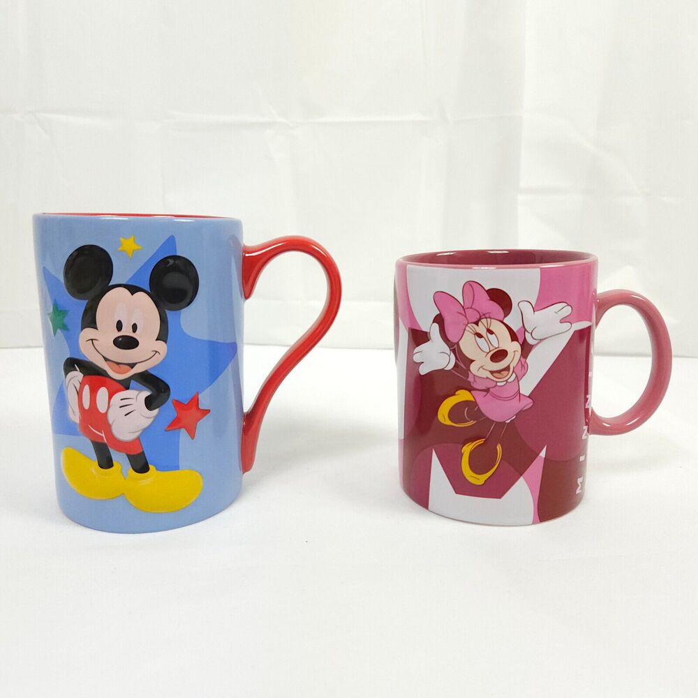 Disney Store Mickey Minnie Mouse 3D Pop Out Embossed Coffee Mugs‎ 2pc